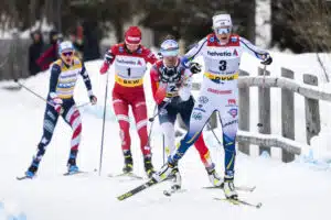 Ebba Andersson of Sweden, Heidi Weng of Norway, Julia Stupak of Russia, and Jessie Diggins